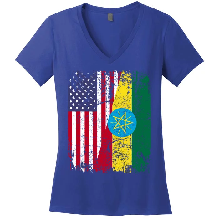 Ethiopian Roots Half American Flag Ethiopia Great Gift Women's V-Neck T-Shirt