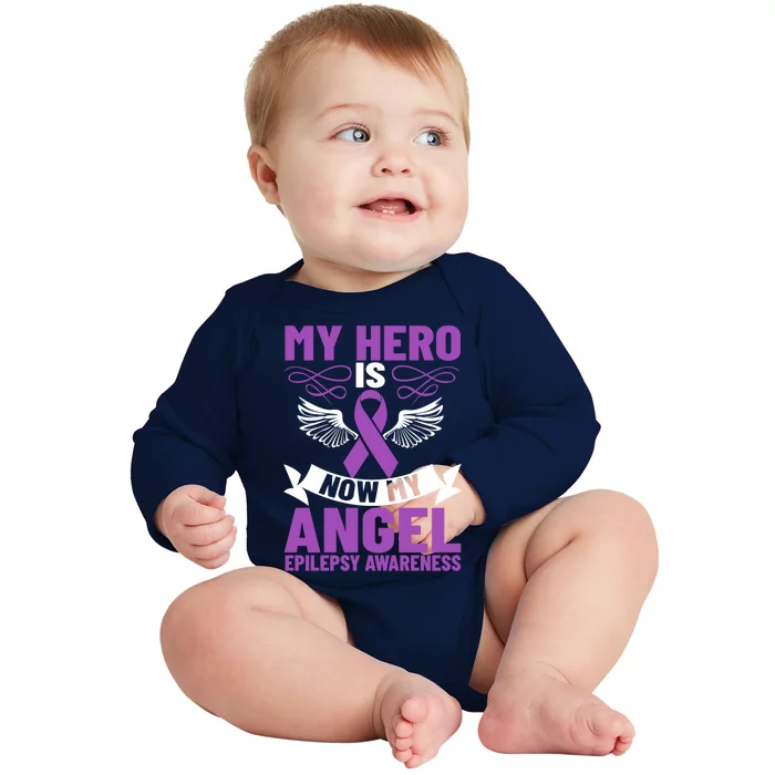 Epilepsy Ribbon My Hero Is Now My Angel Epilepsy Awareness Cute Gift Baby Long Sleeve Bodysuit