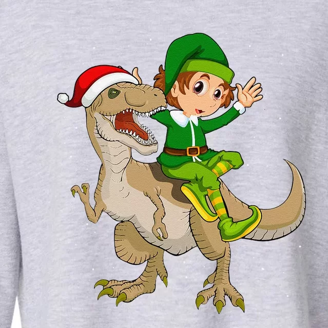 Elf Riding TRex Santa Hat Dinosaur XMas Christmas Gifts Cropped Pullover Crew