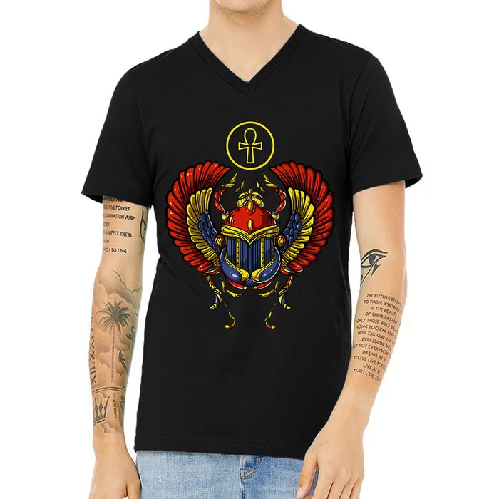 Egyptian Scarab Ankh Cross Ancient Egypt Symbol Archeology V-Neck T-Shirt