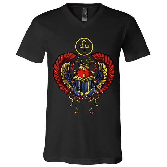 Egyptian Scarab Ankh Cross Ancient Egypt Symbol Archeology V-Neck T-Shirt