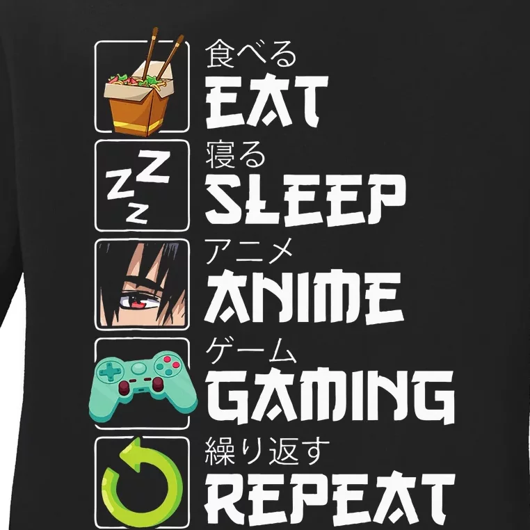 Eat Sleep Anime Gaming Repeat Kawaii Otaku Anime Manga Ladies Long Sleeve Shirt