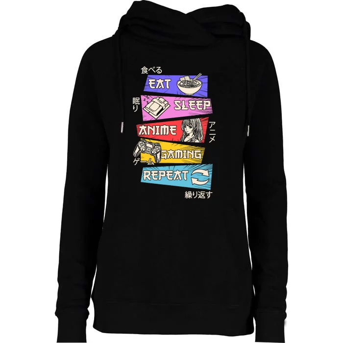 Eat Sleep Anime Gaming Repeat Otaku Gamer Japanese Anime Womens Funnel Neck Pullover Hood