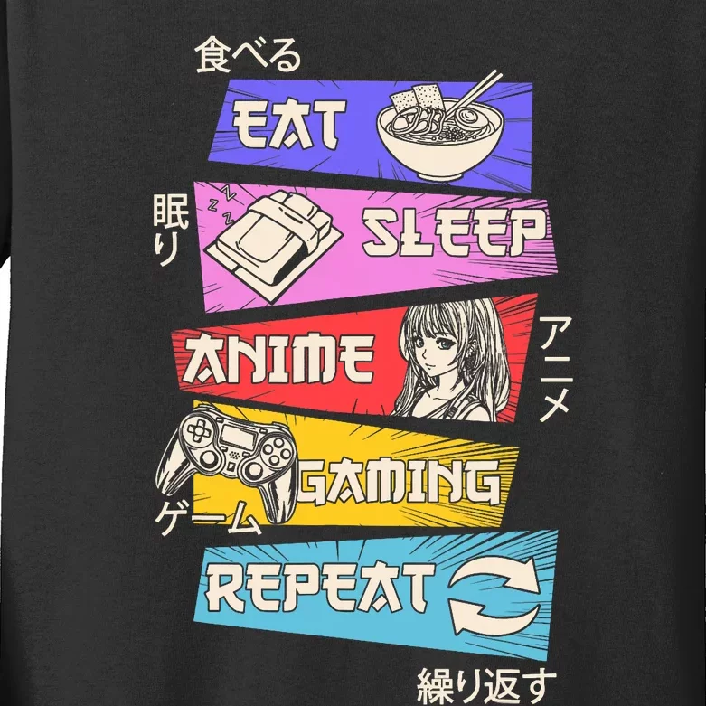 Eat Sleep Anime Gaming Repeat Otaku Gamer Japanese Anime Kids Long Sleeve Shirt