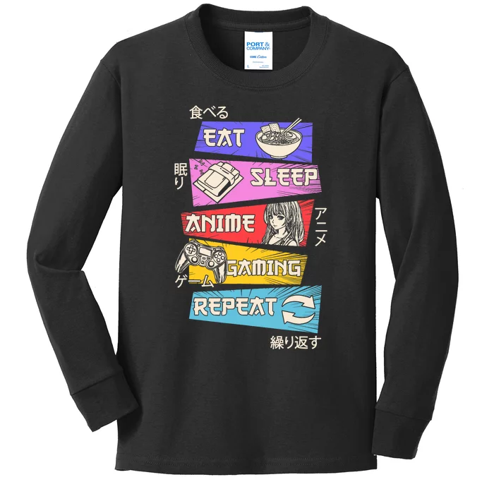 Eat Sleep Anime Gaming Repeat Otaku Gamer Japanese Anime Kids Long Sleeve Shirt