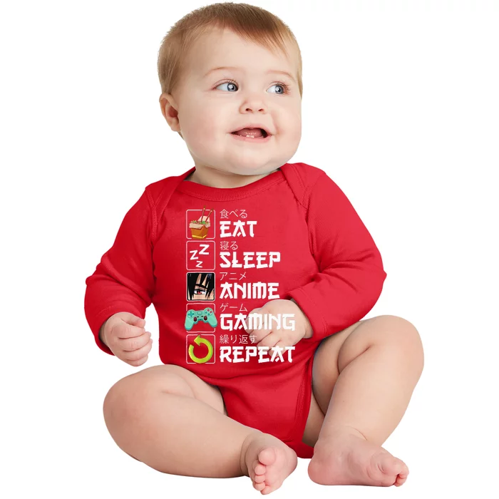 Eat Sleep Anime Gaming Repeat Kawaii Otaku Anime Manga Baby Long Sleeve Bodysuit