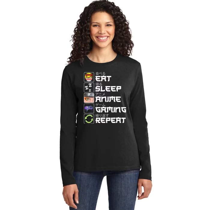 Eat Sleep Anime Gaming Repeat Kawaii Otaku Anime Manga Ladies Long Sleeve Shirt