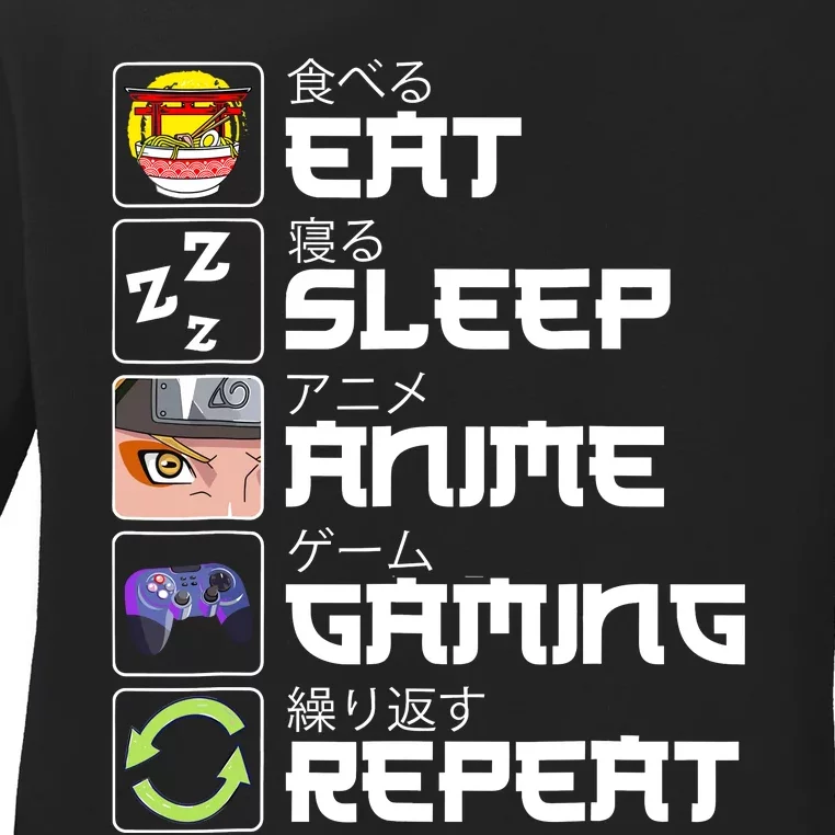 Eat Sleep Anime Gaming Repeat Kawaii Otaku Anime Manga Ladies Long Sleeve Shirt