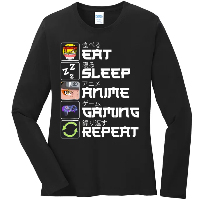 Eat Sleep Anime Gaming Repeat Kawaii Otaku Anime Manga Ladies Long Sleeve Shirt