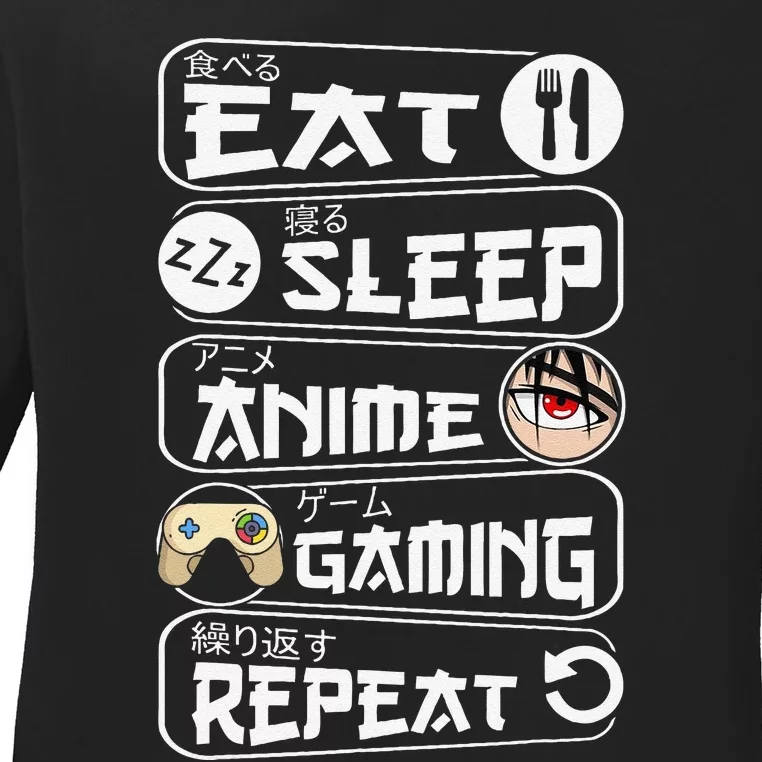 Eat Sleep Anime Gaming Repeat Kawaii Anime Gamer Gift Ladies Long Sleeve Shirt