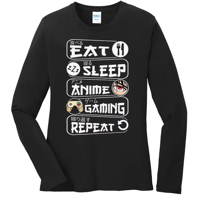 Eat Sleep Anime Gaming Repeat Kawaii Anime Gamer Gift Ladies Long Sleeve Shirt