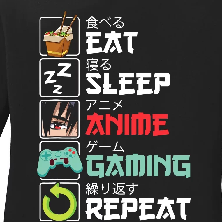 Eat Sleep Anime Gaming Repeat Kawaii Otaku Anime Manga Ladies Long Sleeve Shirt