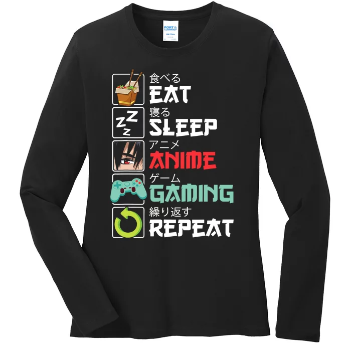 Eat Sleep Anime Gaming Repeat Kawaii Otaku Anime Manga Ladies Long Sleeve Shirt