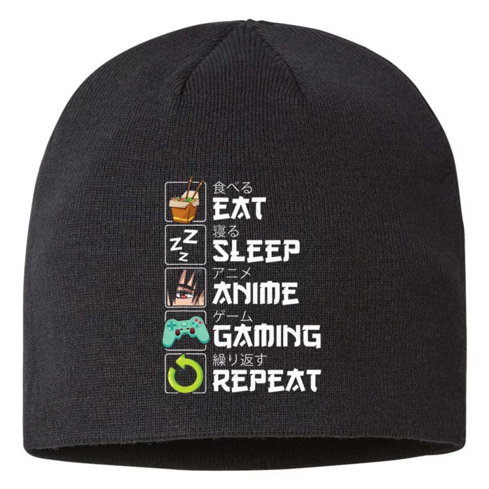 Eat Sleep Anime Gaming Repeat Kawaii Otaku Anime Manga 8 1/2in Sustainable Knit Beanie