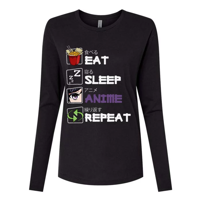 Eat Sleep Anime Repeat Kawaii Otaku Manga Japan Fan Kanji Womens Cotton Relaxed Long Sleeve T-Shirt