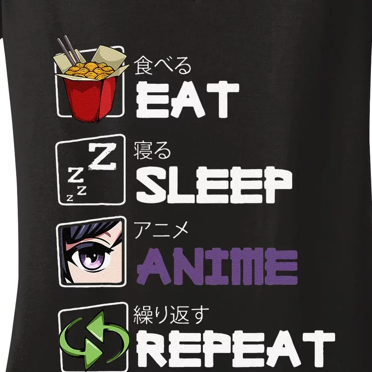 Eat Sleep Anime Repeat Kawaii Otaku Manga Japan Fan Kanji Women's V-Neck T-Shirt