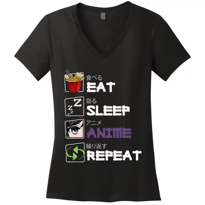 Eat Sleep Anime Repeat Kawaii Otaku Manga Japan Fan Kanji Women's V-Neck T-Shirt