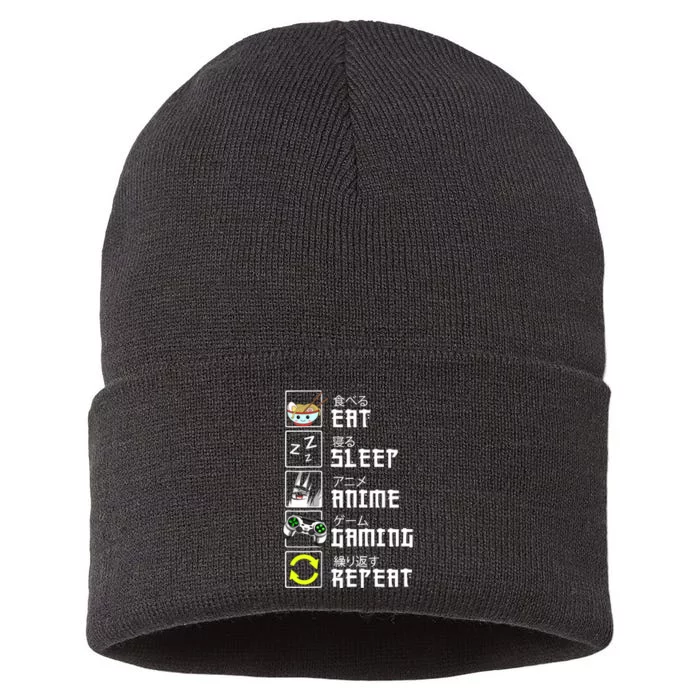 Eat Sleep Anime Gaming Repeat Kawaii Otaku Anime Manga Sustainable Knit Beanie