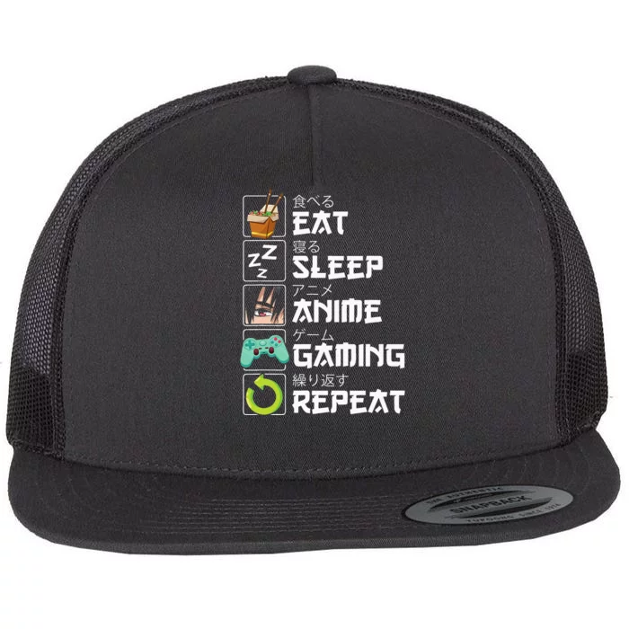 Eat Sleep Anime Gaming Repeat Kawaii Otaku Anime Manga Flat Bill Trucker Hat