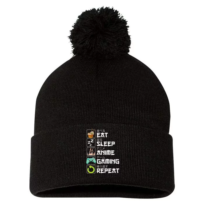 Eat Sleep Anime Gaming Repeat Kawaii Otaku Anime Manga Pom Pom 12in Knit Beanie