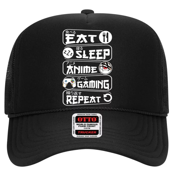 Eat Sleep Anime Gaming Repeat Kawaii Anime Gamer High Crown Mesh Trucker Hat