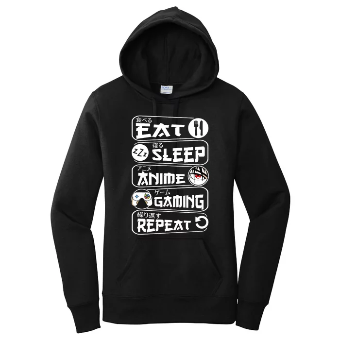 Eat Sleep Anime Gaming Repeat Kawaii Anime Gamer Women's Pullover Hoodie