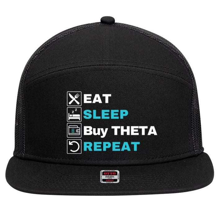 Eat Sleep Buy Theta Repeat, Theta Crypto Token, Theta Logo 7 Panel Mesh Trucker Snapback Hat