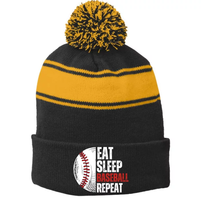 Eat Sleep Baseball Repeat Funny Baseball Players Boy Stripe Pom Pom Beanie