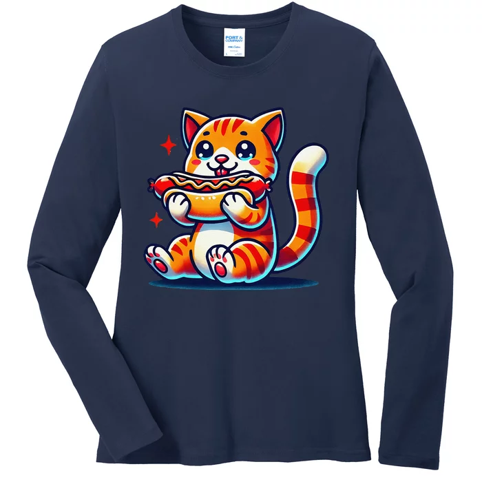 Eating Sausage Bun Kitten Lover Patty Chubby Cute Cat Ladies Long Sleeve Shirt