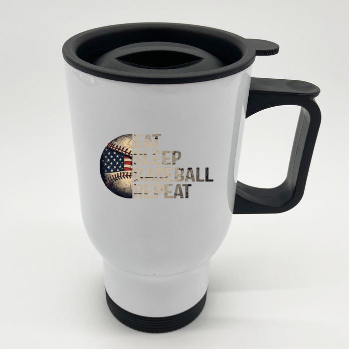 Eat Sleep Baseball Repeat Baseball Player Usa Flag Baseball Front & Back Stainless Steel Travel Mug