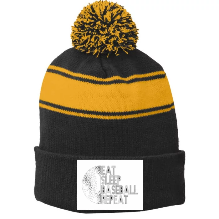 Eat Sleep Baseball Repeat Funny Retro Baseball Player Stripe Pom Pom Beanie