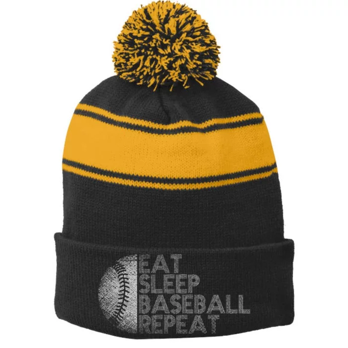 Eat Sleep Baseball Repeat Baseball Player Stripe Pom Pom Beanie