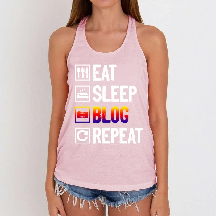 Eat Sleep Blog Repeat Vlogging Blogging Traveler Blogger Meaningful Gift Women's Knotted Racerback Tank