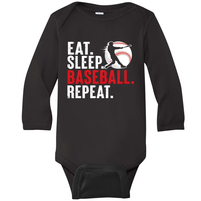 Eat Sleep Baseball Repeat Vintage Funny Baseball Player Baby Long Sleeve Bodysuit