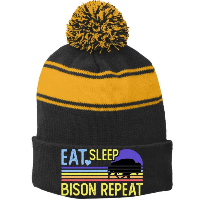 Eat Sleep Bison Repeat Stripe Pom Pom Beanie