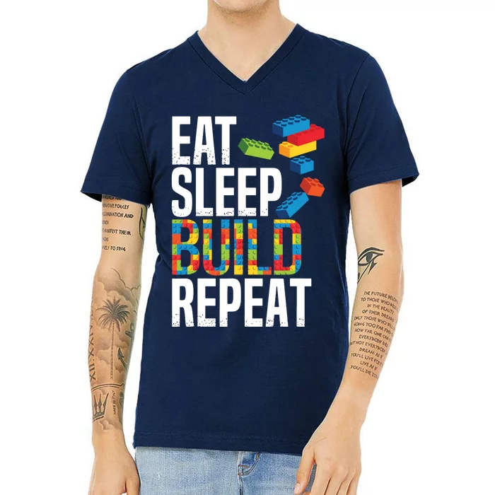 Eat Sleep Build Repeat Building Blocks Bricks Master Builder V-Neck T-Shirt