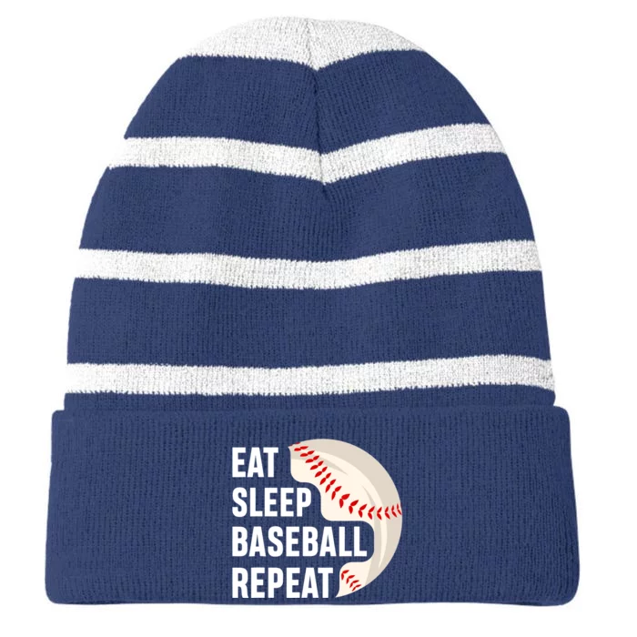 EAT SLEEP BASEBALL REPEAT Baseball Player Striped Beanie with Solid Band