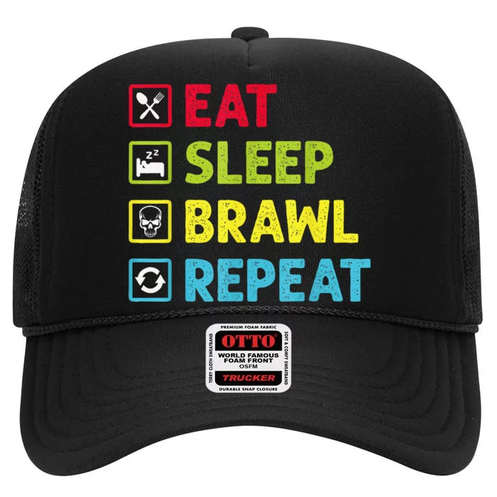 Eat Sleep Brawl Repeat Funny Video Gamer Gaming High Crown Mesh Trucker Hat