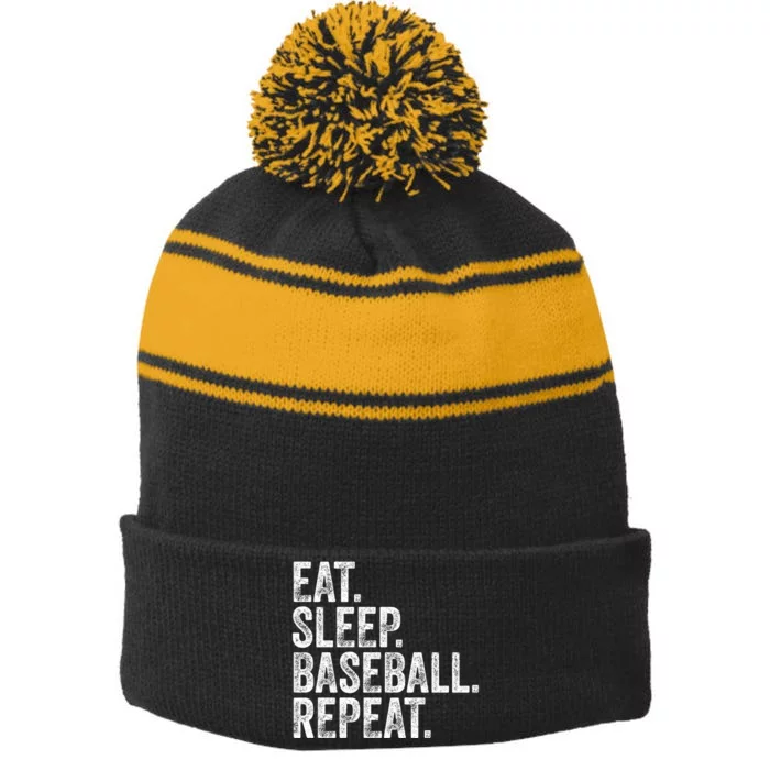 Eat Sleep Baseball Repeat Stripe Pom Pom Beanie