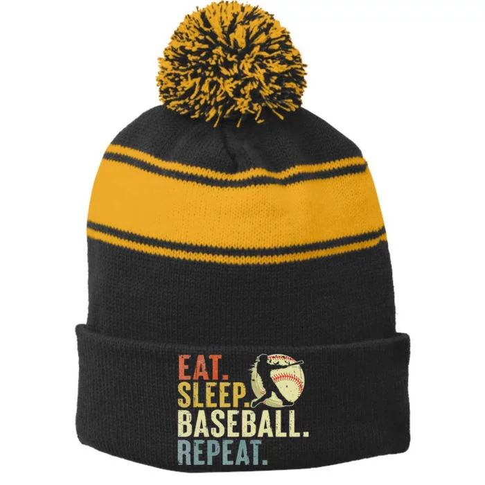 Eat Sleep Baseball Repeat Funny Baseball Lover Player Stripe Pom Pom Beanie