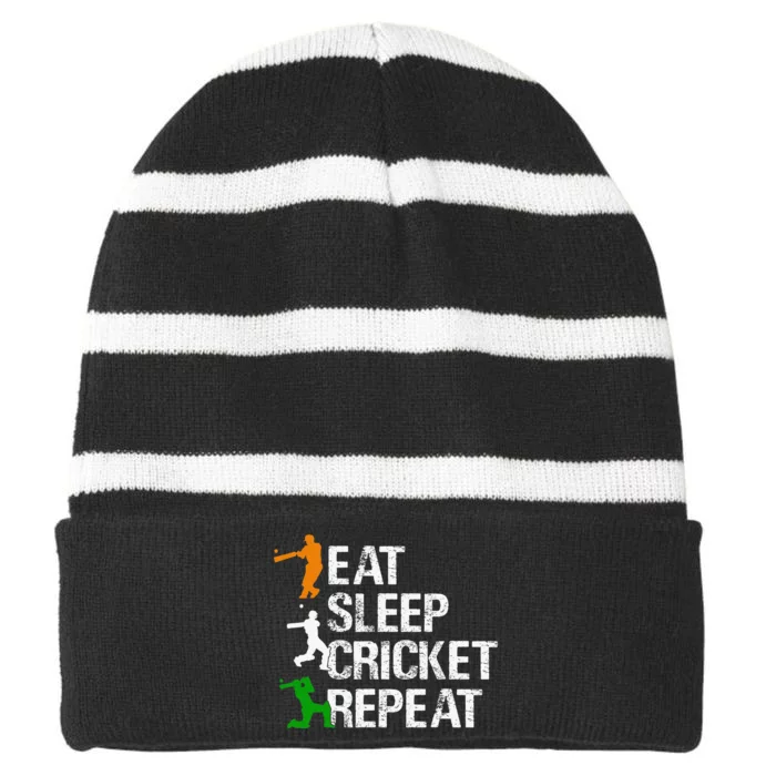 Eat Sleep Cricket Repeat Funny Cricket Sports Fans Striped Beanie with Solid Band