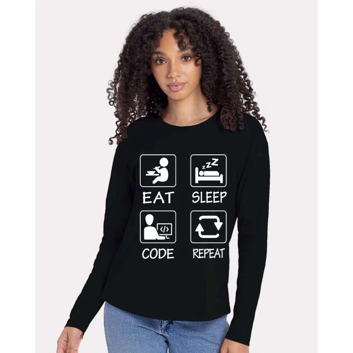 Eat Sleep Code Repeat Womens Cotton Relaxed Long Sleeve T-Shirt