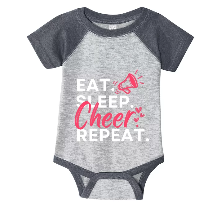 Eat Sleep Cheer Repeat Funny Cheerleading Infant Baby Jersey Bodysuit