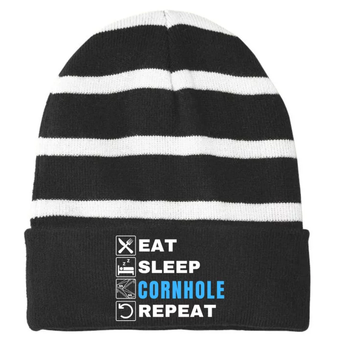 Eat Sleep Cornhole Repeat, Funny Corn Hole Team Lawn Game Striped Beanie with Solid Band