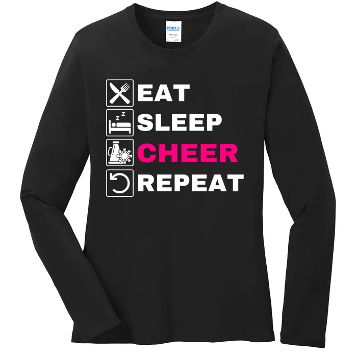 Eat Sleep Cheer Repeat, Cheerleading, Funny Cheerleader Ladies Long Sleeve Shirt