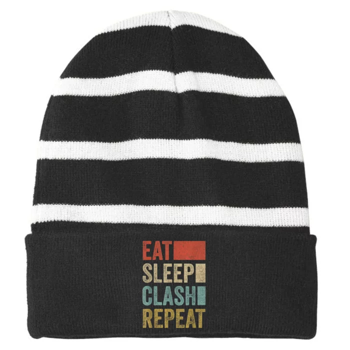 Eat Sleep Clash Repeat Vintage Gaming Clan Retro Clash Striped Beanie with Solid Band