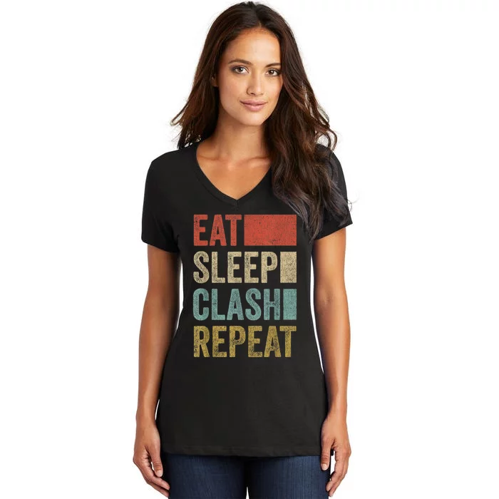 Eat Sleep Clash Repeat Vintage Gaming Clan Retro Clash Women's V-Neck T-Shirt