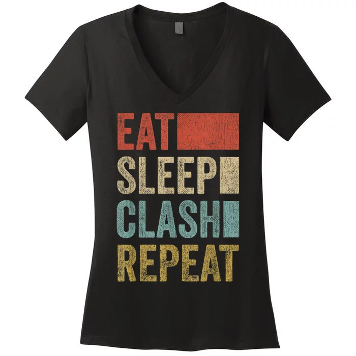 Eat Sleep Clash Repeat Vintage Gaming Clan Retro Clash Women's V-Neck T-Shirt