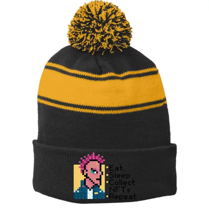 Eat Sleep Collect Nfts Repeat Pixel Stripe Pom Pom Beanie