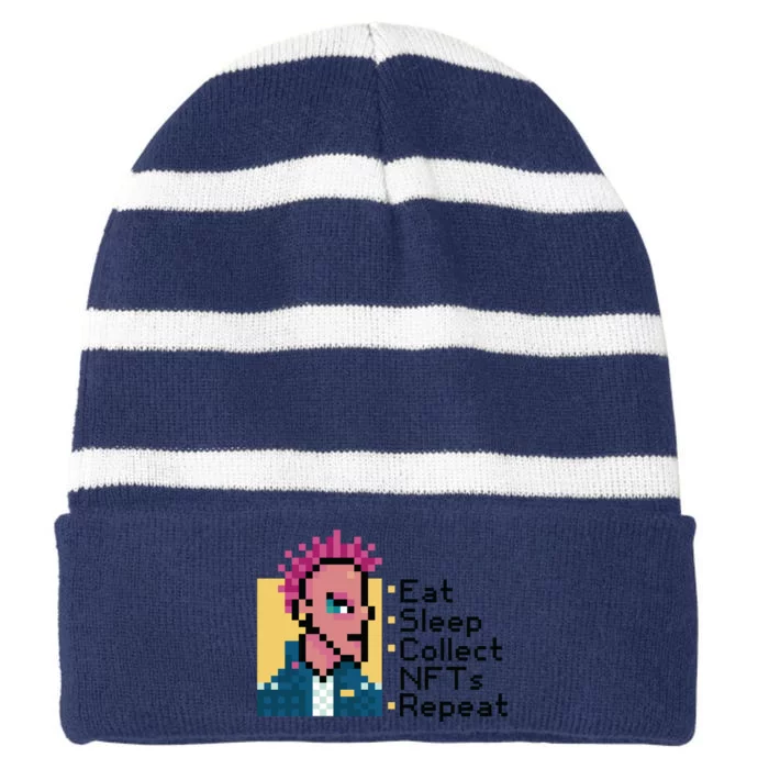 Eat Sleep Collect Nfts Repeat Pixel Striped Beanie with Solid Band